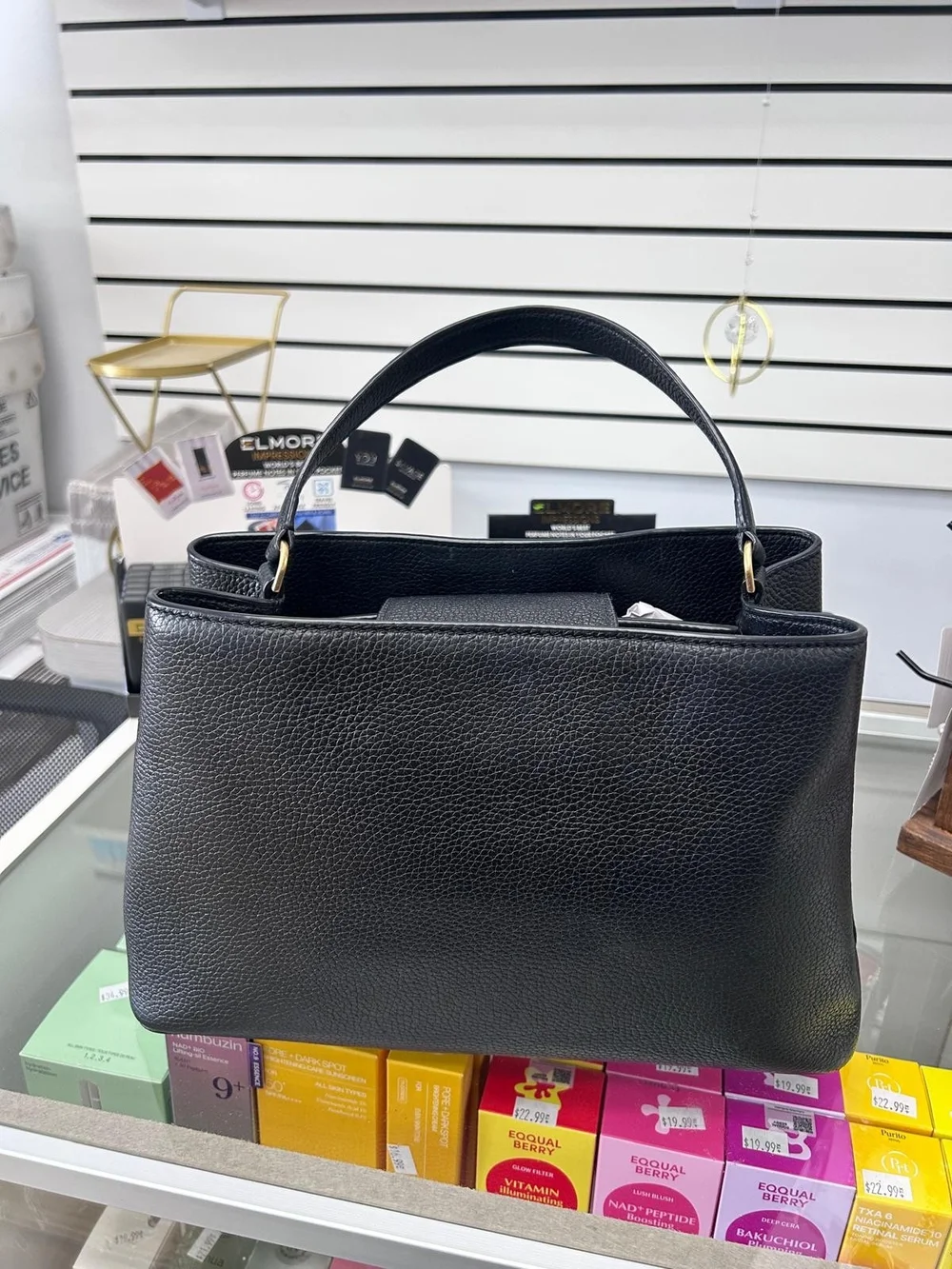 Tory Burch Black Pebbled Leather Satchel with Gold Logo